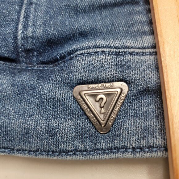 Guess Jacket Med Rigby Denim Moto Zip Distressed Blue Jean Stretch Denim Zip - Picture 7 of 17